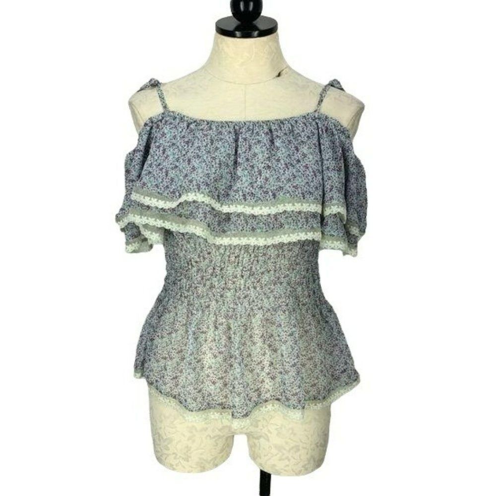 Cecico Women's Floral Off‎ Cold Shoulder Peplum Sheer Blouse Size Medium M